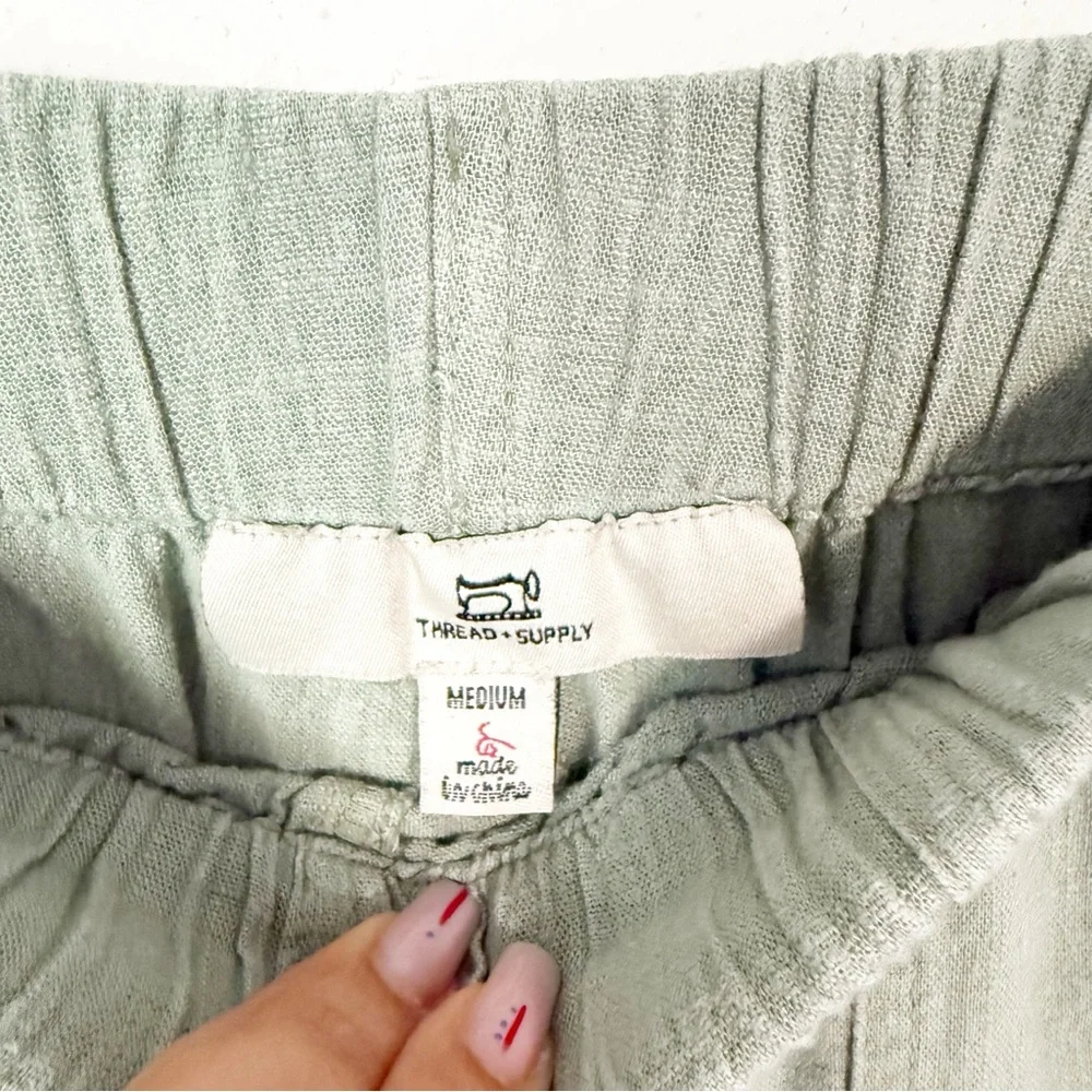 Thread & Supply High Waist Wide Leg Relaxed Fit Frayed Ankle Green Linen Pants M - Picture 6 of 8